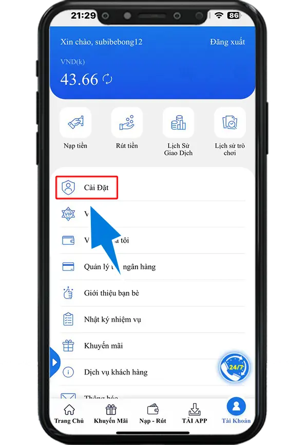 Bước 2 : Chọn Cài Đặt
